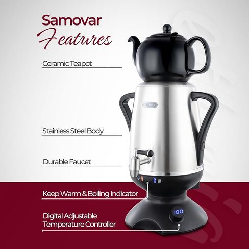ETHNIQ - Electric Samovar | 3.2L Stainless Steel Tea Maker | Adjustable Temperature Controller | Boil Dry & Auto Shot-off | 1.2L Porcelain Teapot | Turkish, Persian, Russian Tea Kettle (Black) in Saudi Arabia