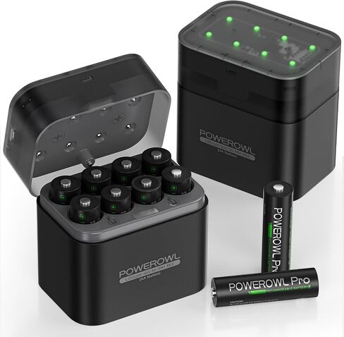 بطاريات ليثيوم AA قابلة لإعادة الشحن من POWEROWL 8 عبوات مع شاحن، جهد ثابت 1.5 فولت 3600 مللي واط في الساعة بطارية مزدوجة مع صندوق تخزين شاحن ليثيوم/NiMH للكاميرات وأجهزة التحكم في الألعاب in Kuwait