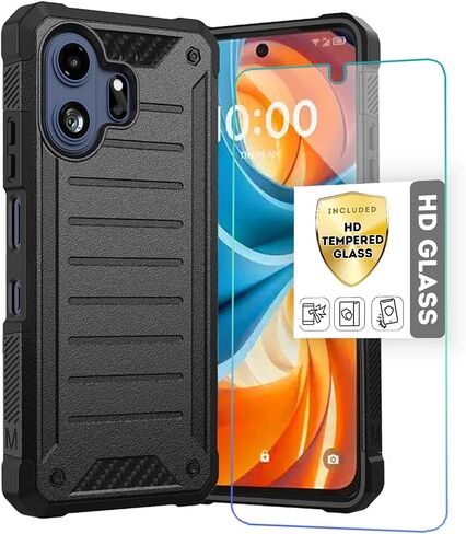 HRWireless Compatible for TCL NXTPAPER 70 Pro Shock-Resistant Design Hybrid Phone Case, Textured Grip, and Raised Edges + Tempered Glass Screen Protector Black in Kuwait