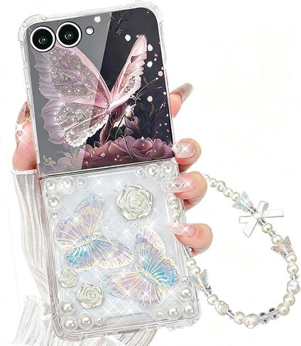 AuroiCYY for Samsung Galaxy Z Flip 8 Case with Chain, Cute 3D Pearl Bling Crystal Clear Sparkle Butterfly Floral Case for Women Girls Shockproof Soft Phone Cover with Wrist Strap for Z Flip8 5G, Pink in Saudi Arabia