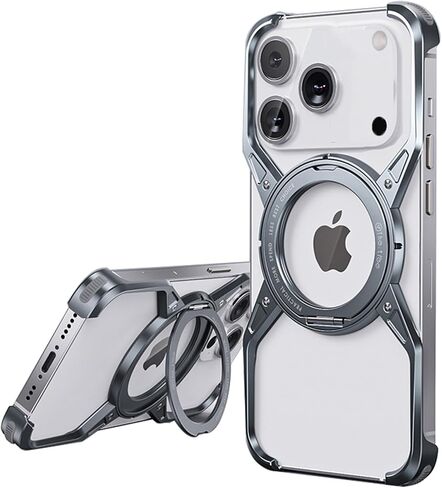 for iPhone 17 Pro Max Metal Bumper Case Frameless with Kickstand & Magnetic, Compatible with Magsafe, Aluminum Alloy No Back No Frame Slim Design 4 Corners Shockproof (Black) in Saudi Arabia