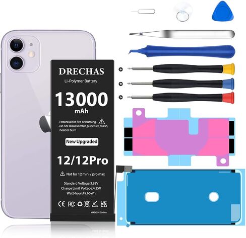 [13000 مللي أمبير] بطارية لهاتف iPhone 12/12 Pro، بطارية بديلة جديدة من الليثيوم بوليمر ذات دورة 0 لهواتف iPhone 12/12 Pro موديلات A2172، A2402، A2403، A2404 مع مجموعة أدوات إصلاح احترافية كاملة in Kuwait