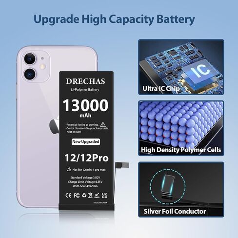 [13000 مللي أمبير] بطارية لهاتف iPhone 12/12 Pro، بطارية بديلة جديدة من الليثيوم بوليمر ذات دورة 0 لهواتف iPhone 12/12 Pro موديلات A2172، A2402، A2403، A2404 مع مجموعة أدوات إصلاح احترافية كاملة in Kuwait