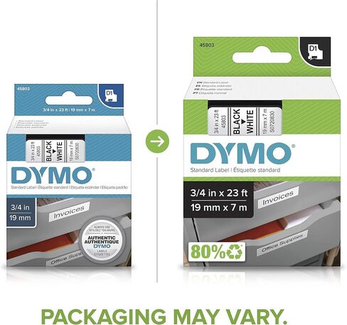 DYMO Authentic Standard D1 Labeling Tape for LabelManager Label Makers, Black Print on White Tape, 3/4'' W x 23' L, 1 Cartridge in Kuwait