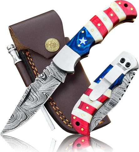 Damascus Steel Pocket Knife with Clip and Leather Sheath - EDC Knife for Outdoor and Camping Activities, Handmade Folding Knife, Free knife Sharpner (American Flag handle) (American Flag Handle) in Saudi Arabia