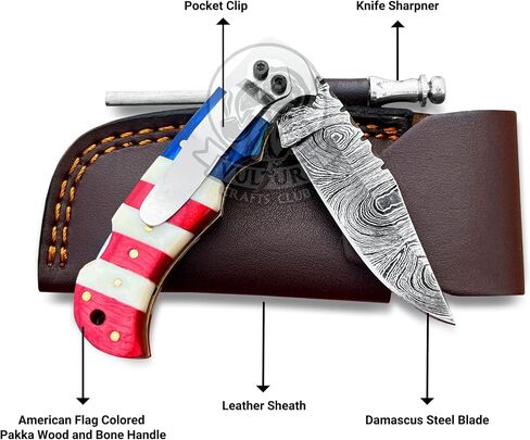 Damascus Steel Pocket Knife with Clip and Leather Sheath - EDC Knife for Outdoor and Camping Activities, Handmade Folding Knife, Free knife Sharpner (American Flag handle) (American Flag Handle) in Saudi Arabia