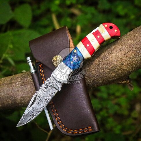 Damascus Steel Pocket Knife with Clip and Leather Sheath - EDC Knife for Outdoor and Camping Activities, Handmade Folding Knife, Free knife Sharpner (American Flag handle) (American Flag Handle) in Saudi Arabia