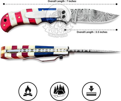 Damascus Steel Pocket Knife with Clip and Leather Sheath - EDC Knife for Outdoor and Camping Activities, Handmade Folding Knife, Free knife Sharpner (American Flag handle) (American Flag Handle) in Saudi Arabia