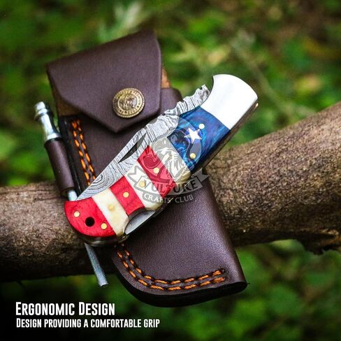 Damascus Steel Pocket Knife with Clip and Leather Sheath - EDC Knife for Outdoor and Camping Activities, Handmade Folding Knife, Free knife Sharpner (American Flag handle) (American Flag Handle) in Saudi Arabia