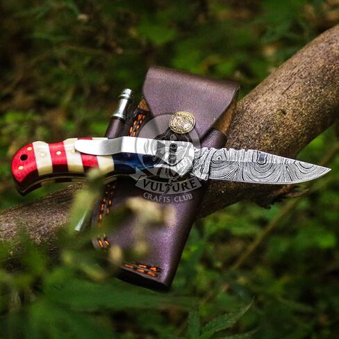Damascus Steel Pocket Knife with Clip and Leather Sheath - EDC Knife for Outdoor and Camping Activities, Handmade Folding Knife, Free knife Sharpner (American Flag handle) (American Flag Handle) in Saudi Arabia