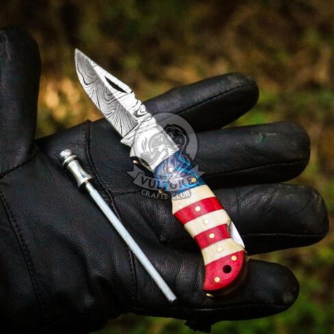 Damascus Steel Pocket Knife with Clip and Leather Sheath - EDC Knife for Outdoor and Camping Activities, Handmade Folding Knife, Free knife Sharpner (American Flag handle) (American Flag Handle) in Saudi Arabia