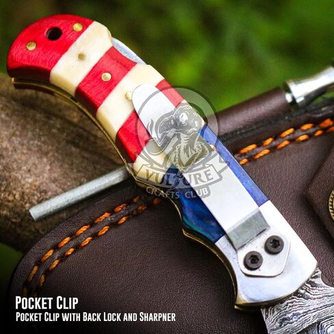Damascus Steel Pocket Knife with Clip and Leather Sheath - EDC Knife for Outdoor and Camping Activities, Handmade Folding Knife, Free knife Sharpner (American Flag handle) (American Flag Handle) in Saudi Arabia