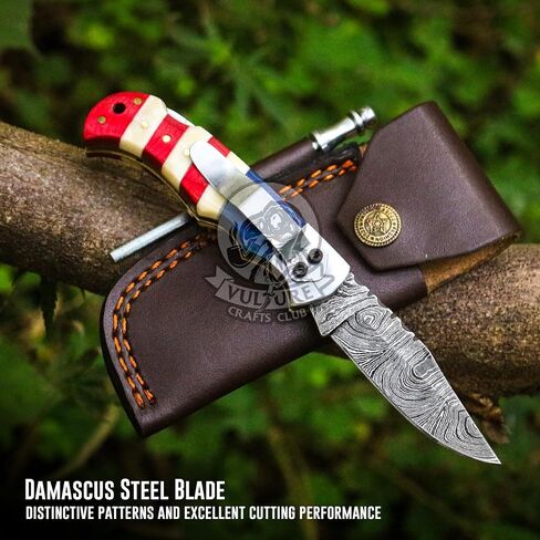 Damascus Steel Pocket Knife with Clip and Leather Sheath - EDC Knife for Outdoor and Camping Activities, Handmade Folding Knife, Free knife Sharpner (American Flag handle) (American Flag Handle) in Saudi Arabia