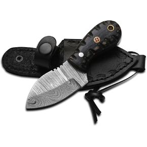 HotSteel Handmade Neck knife-Damascus Steel Full Tang knife 5'' Mini fixed blade knife-Bushcraft knife-Camping knife-Hunting knife with leather sheath (Damascus) in Saudi Arabia