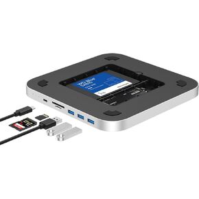 Qwiizlab Mac mini Hub with Dual Drive Enclosure, Docking Station for Mac mini M2/M1, Mac Studio M3/M2/M1, Type-C 10Gbps, Card Readers 104MB/s, Fits M.2 SATA NVMe SSD, 2.5'' HDD SSD (Silver) in Saudi Arabia