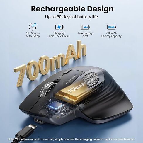 TECKNET Wireless Mouse, Ergonomic Bluetooth Mouse (BT 5.3/5.0 & 2.4G & Wired), Rechargeable Mouse with Ultra-Fast Scrolling, Side Scroll, 6-Level DPI, Quiet Clicks, Optical Mouse for Laptop Desktop in Saudi Arabia