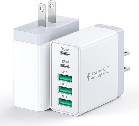 2 حزمة USB C شاحن سريع، 60 وات 5 منافذ USB شاحن جداري، 2 USB A & 3 USB C PD3.0 محول طاقة متعدد المنافذ من النوع C لشحن iPhone 17/16/15/14، Pad Mini/Pro، AirPods 4، GalaxyS25 (أبيض) in Kuwait