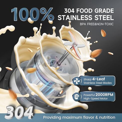 304 Stainless Steel Almond Milk Maker Machine (Built-in Filter) 50oz 6-7 Cups Per Batch, 8-IN-1 Cooking Blender Make Plant Based Nut Milk, Soy Oat Milk, Soup & Juice, Automatic Cleaning (Black) in Saudi Arabia