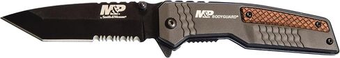 Smith & Wesson M&P Bodyguard 8.07in S.S Folding Knife with 3.5in Serrated Tanto Point Blade and Aluminum Handle for Outdoor, Tactical, Survival and EDC, Black/Wood in Saudi Arabia