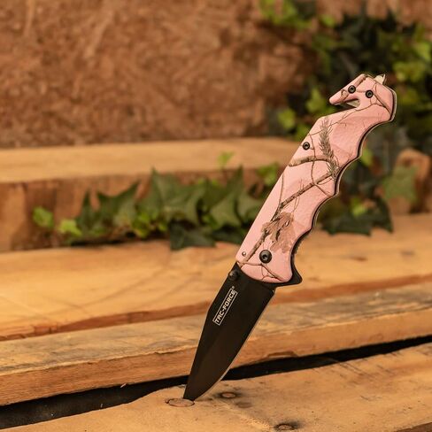Tac-Force- Folding Pocket Knife – Black Fine Edge Tanto Blade, Pink Camo Coated Aluminum Handle, Rope Cutter, Glass Punch, Pocket Clip, Tactical, EDC, Rescue - TF-499PC in Saudi Arabia