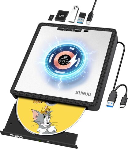 محرك أقراص CD/DVD خارجي BUNUD لأجهزة Apple: مشغل USB 3.0 USB-C DVD لأجهزة الكمبيوتر المحمول Windows 11 مع 3 فتحات USB وTF/SD محرك أقراص محمول نحيف مع شاحن سريع 15 وات USB Superdrive لأجهزة Mac Macbook PC in Kuwait