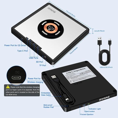 محرك أقراص CD/DVD خارجي BUNUD لأجهزة Apple: مشغل USB 3.0 USB-C DVD لأجهزة الكمبيوتر المحمول Windows 11 مع 3 فتحات USB وTF/SD محرك أقراص محمول نحيف مع شاحن سريع 15 وات USB Superdrive لأجهزة Mac Macbook PC in Kuwait