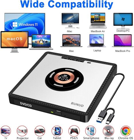 محرك أقراص CD/DVD خارجي BUNUD لأجهزة Apple: مشغل USB 3.0 USB-C DVD لأجهزة الكمبيوتر المحمول Windows 11 مع 3 فتحات USB وTF/SD محرك أقراص محمول نحيف مع شاحن سريع 15 وات USB Superdrive لأجهزة Mac Macbook PC in Kuwait