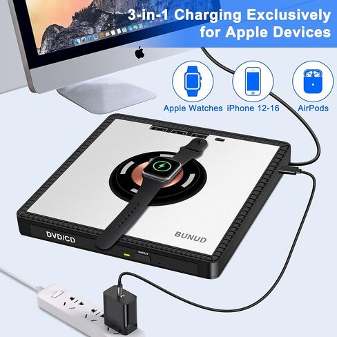 محرك أقراص CD/DVD خارجي BUNUD لأجهزة Apple: مشغل USB 3.0 USB-C DVD لأجهزة الكمبيوتر المحمول Windows 11 مع 3 فتحات USB وTF/SD محرك أقراص محمول نحيف مع شاحن سريع 15 وات USB Superdrive لأجهزة Mac Macbook PC in Kuwait