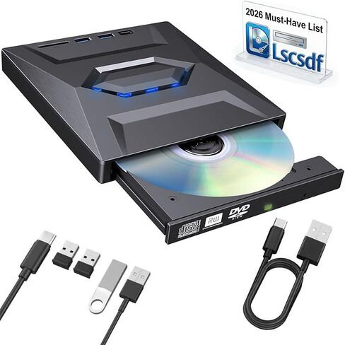 Lscsdf 7-in-1 External USB DVD Drive Player, USB 3.0 Type-C Portable CD DVD ROM Rw Burner Writer with 3 USB Ports, Sd/Tf Card Slots for Laptop Desktop Mac MacBook Windows 11/10/7 in Kuwait