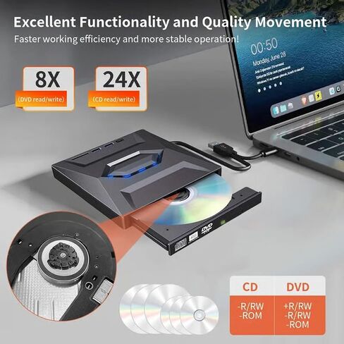 Lscsdf 7-in-1 External USB DVD Drive Player, USB 3.0 Type-C Portable CD DVD ROM Rw Burner Writer with 3 USB Ports, Sd/Tf Card Slots for Laptop Desktop Mac MacBook Windows 11/10/7 in Kuwait