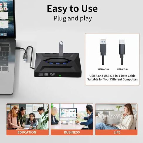 Lscsdf 7-in-1 External USB DVD Drive Player, USB 3.0 Type-C Portable CD DVD ROM Rw Burner Writer with 3 USB Ports, Sd/Tf Card Slots for Laptop Desktop Mac MacBook Windows 11/10/7 in Kuwait