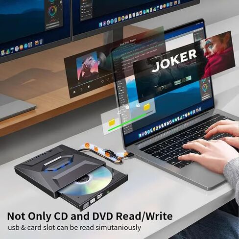 Lscsdf 7-in-1 External USB DVD Drive Player, USB 3.0 Type-C Portable CD DVD ROM Rw Burner Writer with 3 USB Ports, Sd/Tf Card Slots for Laptop Desktop Mac MacBook Windows 11/10/7 in Kuwait