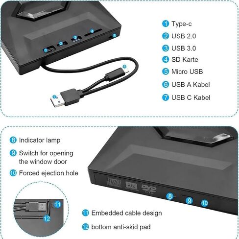 Lscsdf 7-in-1 External USB DVD Drive Player, USB 3.0 Type-C Portable CD DVD ROM Rw Burner Writer with 3 USB Ports, Sd/Tf Card Slots for Laptop Desktop Mac MacBook Windows 11/10/7 in Kuwait