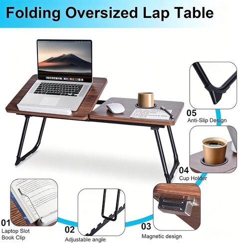 28.7" Extra Wide Lap Desk & Bed Desk - Foldable Laptop Bed Tray Table for Adults, Large Bed Trays for Eating and Laptops, Portable Floor Desk with Cup & Phone Holder for Couch, Working, Craftin in Kuwait