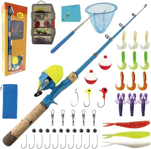 Kids Rod Set, Kids Fishing Rod and Reel Combo and Fishing Net Tackle Box with Fishing Lure Hook and Bag for Girls Beginners, Kids, Youth Anglers in Kuwait
