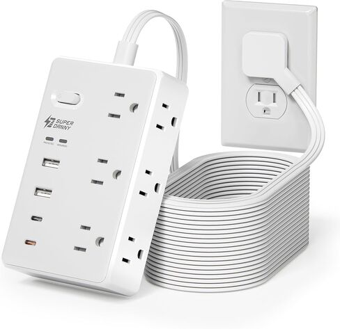15Ft Long Extension Cord, PD20W, 6 outlets, 2A2C, Flat Plug Surge Protector in Kuwait