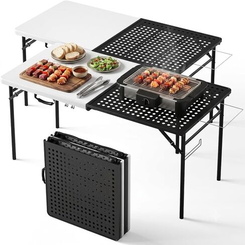 2-in-1 Folding Grill Table, 5FT Portable Camping Picnic Table with Metal Grid Grilling Surface, Foldable Outdoor Food Prep Table for BBQ, Backyard, Patio, Beach in Saudi Arabia