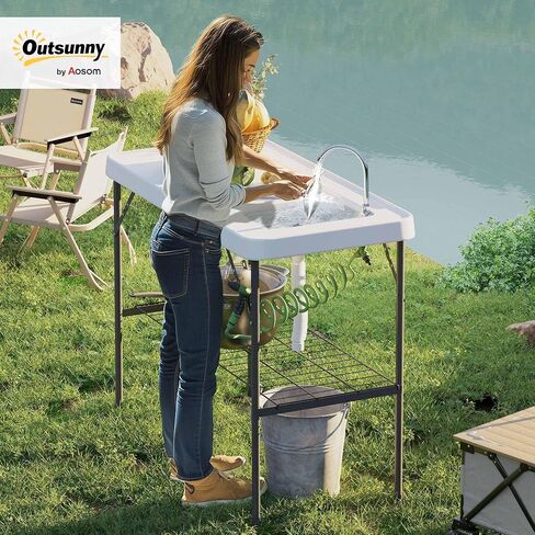 Outsunny Folding Fish Cleaning Table Portable Sink Station Faucet White in Saudi Arabia