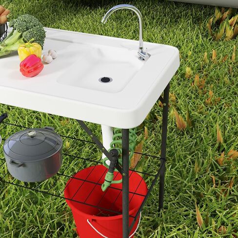 Outsunny Folding Fish Cleaning Table Portable Sink Station Faucet White in Saudi Arabia
