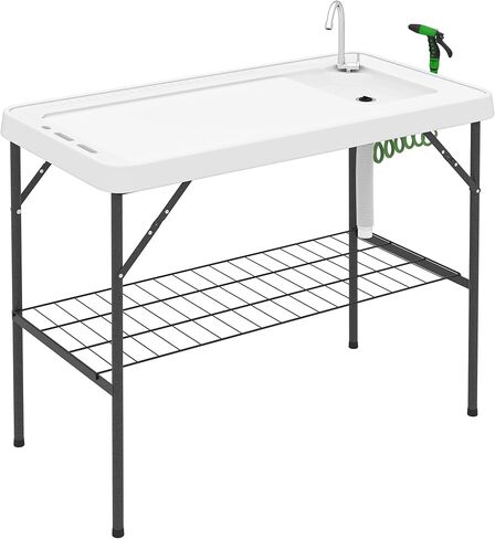 Outsunny Folding Fish Cleaning Table Portable Sink Station Faucet White in Kuwait
