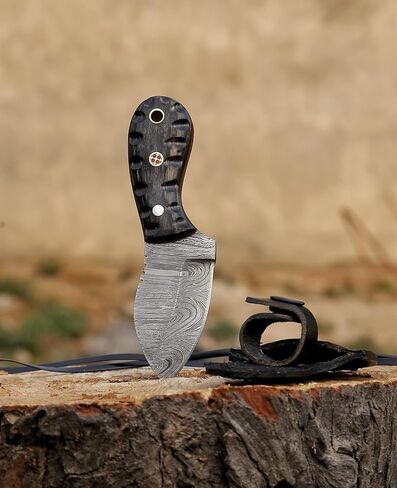 HotSteel Handmade Neck knife-Damascus Steel Full Tang knife 5'' Mini fixed blade knife-Bushcraft knife-Camping knife-Hunting knife with leather sheath (Damascus) in Saudi Arabia