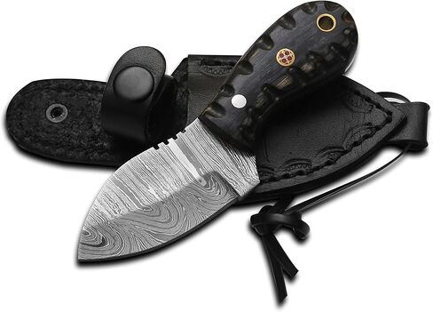 HotSteel Handmade Neck knife-Damascus Steel Full Tang knife 5'' Mini fixed blade knife-Bushcraft knife-Camping knife-Hunting knife with leather sheath (Damascus) in Saudi Arabia
