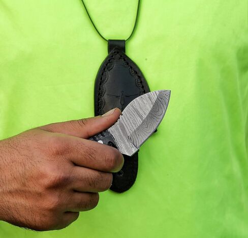 HotSteel Handmade Neck knife-Damascus Steel Full Tang knife 5'' Mini fixed blade knife-Bushcraft knife-Camping knife-Hunting knife with leather sheath (Damascus) in Saudi Arabia