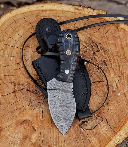 HotSteel Handmade Neck knife-Damascus Steel Full Tang knife 5'' Mini fixed blade knife-Bushcraft knife-Camping knife-Hunting knife with leather sheath (Damascus) in Saudi Arabia