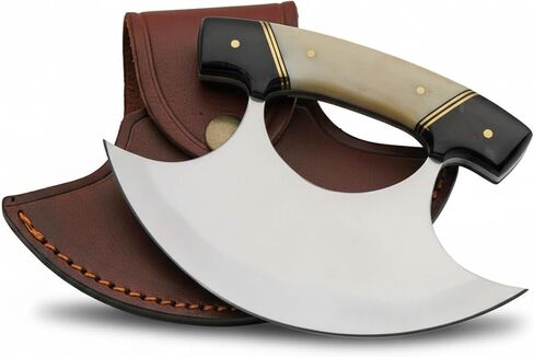 SZCO ULU Hunting Knife 5.5 Inch - Camping Knife with Alaskan Bone/Horn Handle, Stainless Steel Crescent Blade & Sheath - Pocket Knife for Hunting, Camping & Outdoor uses - Knives for Men in Saudi Arabia