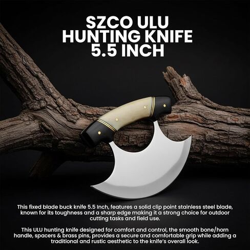 SZCO ULU Hunting Knife 5.5 Inch - Camping Knife with Alaskan Bone/Horn Handle, Stainless Steel Crescent Blade & Sheath - Pocket Knife for Hunting, Camping & Outdoor uses - Knives for Men in Saudi Arabia