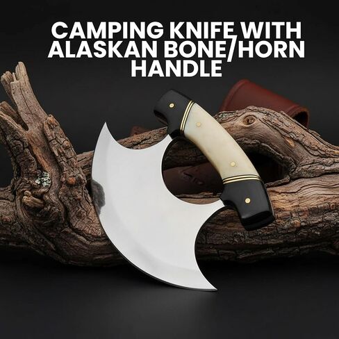 SZCO ULU Hunting Knife 5.5 Inch - Camping Knife with Alaskan Bone/Horn Handle, Stainless Steel Crescent Blade & Sheath - Pocket Knife for Hunting, Camping & Outdoor uses - Knives for Men in Saudi Arabia