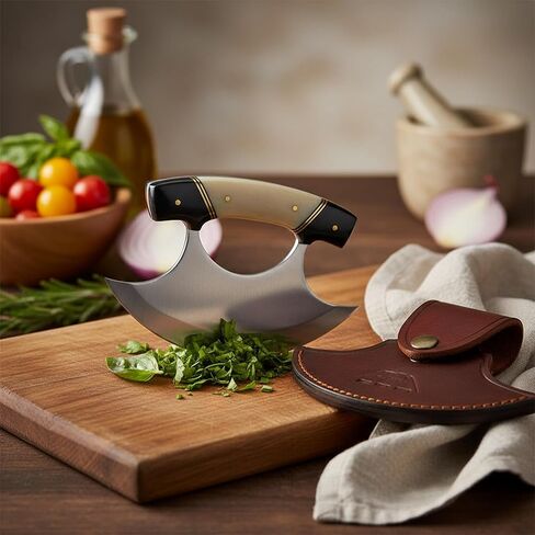 SZCO ULU Hunting Knife 5.5 Inch - Camping Knife with Alaskan Bone/Horn Handle, Stainless Steel Crescent Blade & Sheath - Pocket Knife for Hunting, Camping & Outdoor uses - Knives for Men in Saudi Arabia