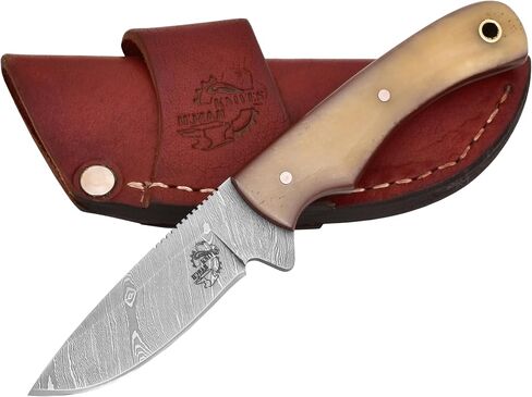 Knives Ranch Handmade Damascus Steel Full Tang 6-1/2" Overall Length Finger Groove Knife with Bone Handle Fine Quality Horizontal/Cowboy Leather Sheath Snug Fit (3055-B) in Saudi Arabia