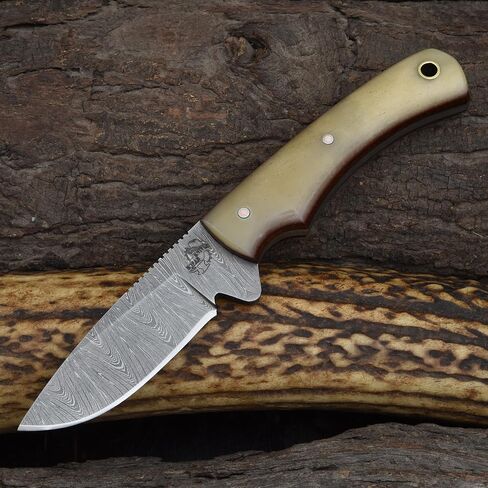 Knives Ranch Handmade Damascus Steel Full Tang 6-1/2" Overall Length Finger Groove Knife with Bone Handle Fine Quality Horizontal/Cowboy Leather Sheath Snug Fit (3055-B) in Saudi Arabia